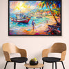 Colorful painting of a beach scene with boats and people, framed and hanging on a wall above two wooden chairs.