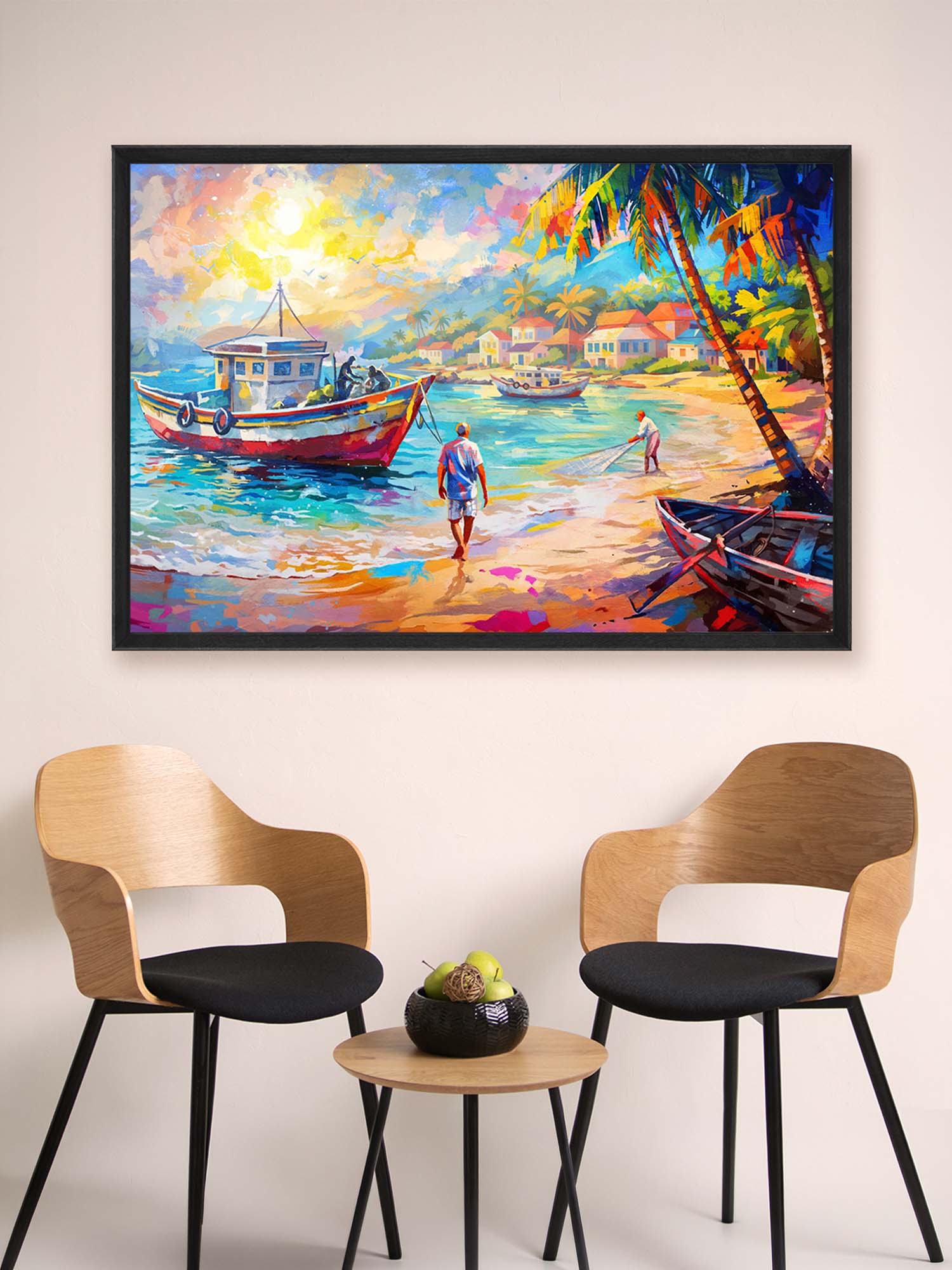 Colorful painting of a beach scene with boats and people, framed and hanging on a wall above two wooden chairs.
