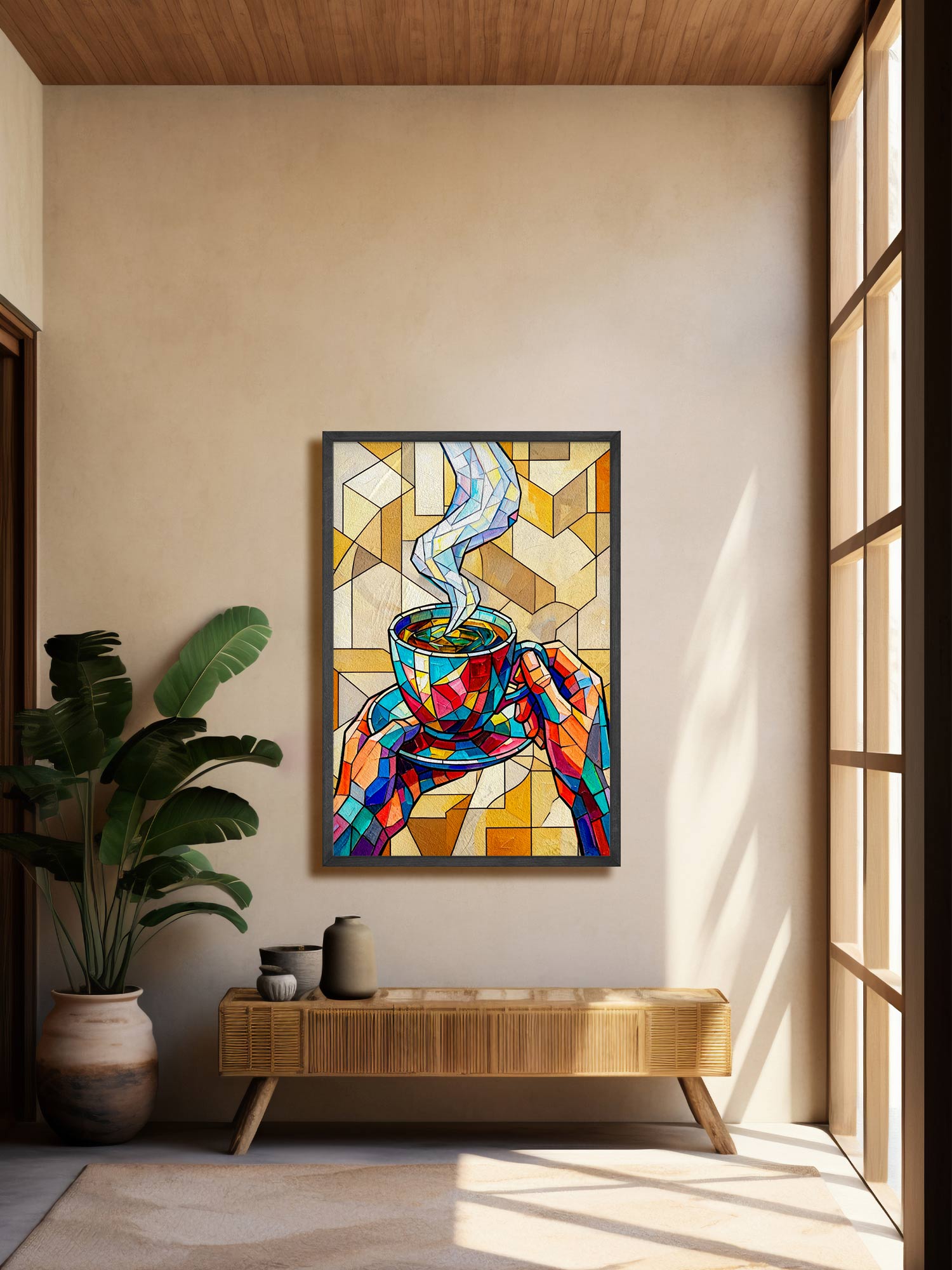 A framed colorful geometric art print of a steaming coffee cup hangs on a beige wall in a modern interior setting with a wooden bench, potted plant, and window light.