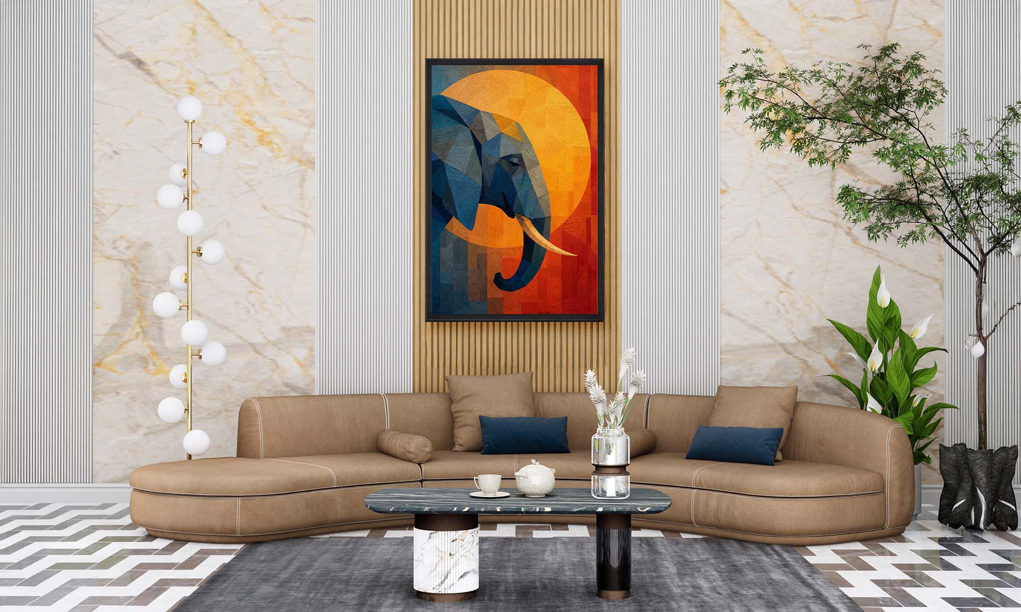Modern living room with a brown sectional sofa, abstract elephant painting, and decorative elements.