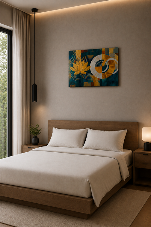 A modern bedroom featuring a low wooden platform bed with white bedding, a matching wooden headboard and nightstands, and a colorful abstract wall art print depicting a yellow lotus flower and white crescent shapes on a blue and gold background.