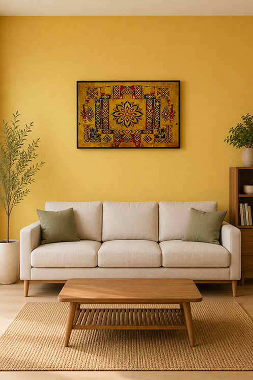 A framed square wall art piece with a colorful geometric and floral pattern hangs on a mustard yellow wall above a light beige sofa in a styled living room.
