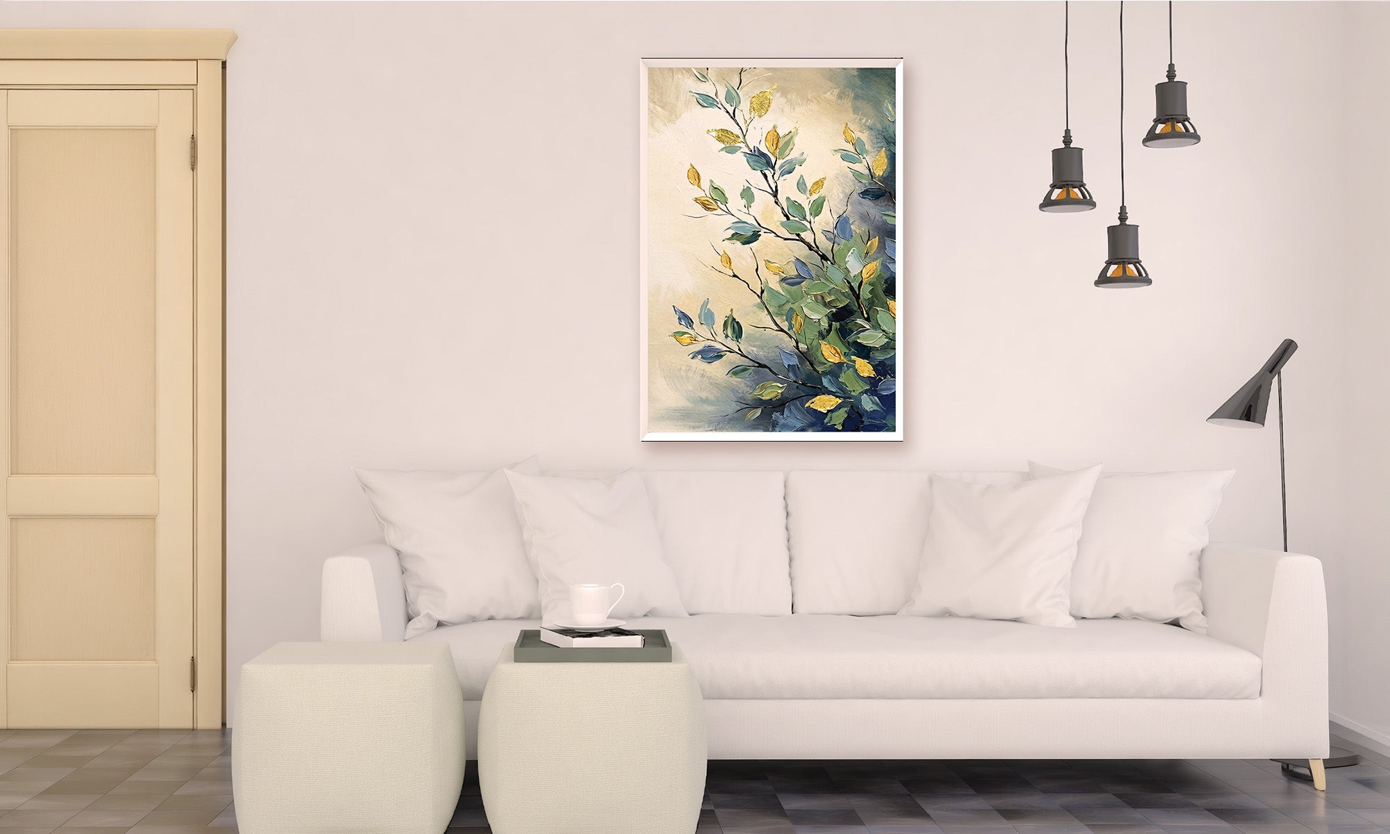 Living room with a white sofa, coffee table, and wall art of leaves.