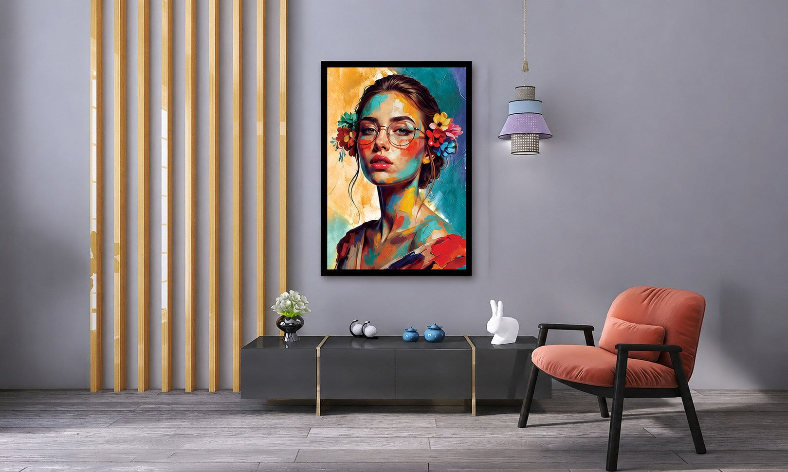 Modern interior with a colourful painting of a woman on the wall, a pink chair, and a coffee table.