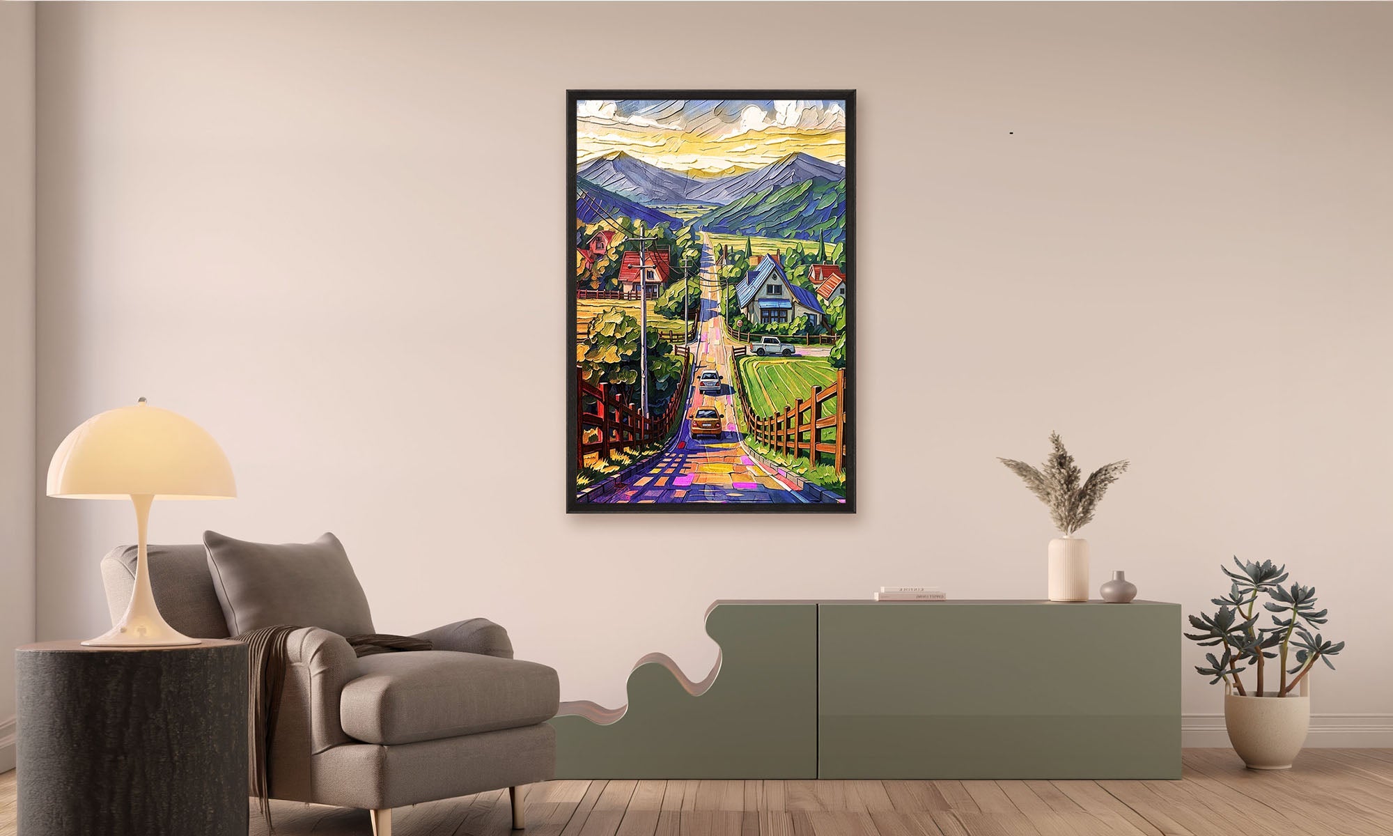 Living room with a colorful mountain landscape painting on the wall, gray armchair, and decorative items.