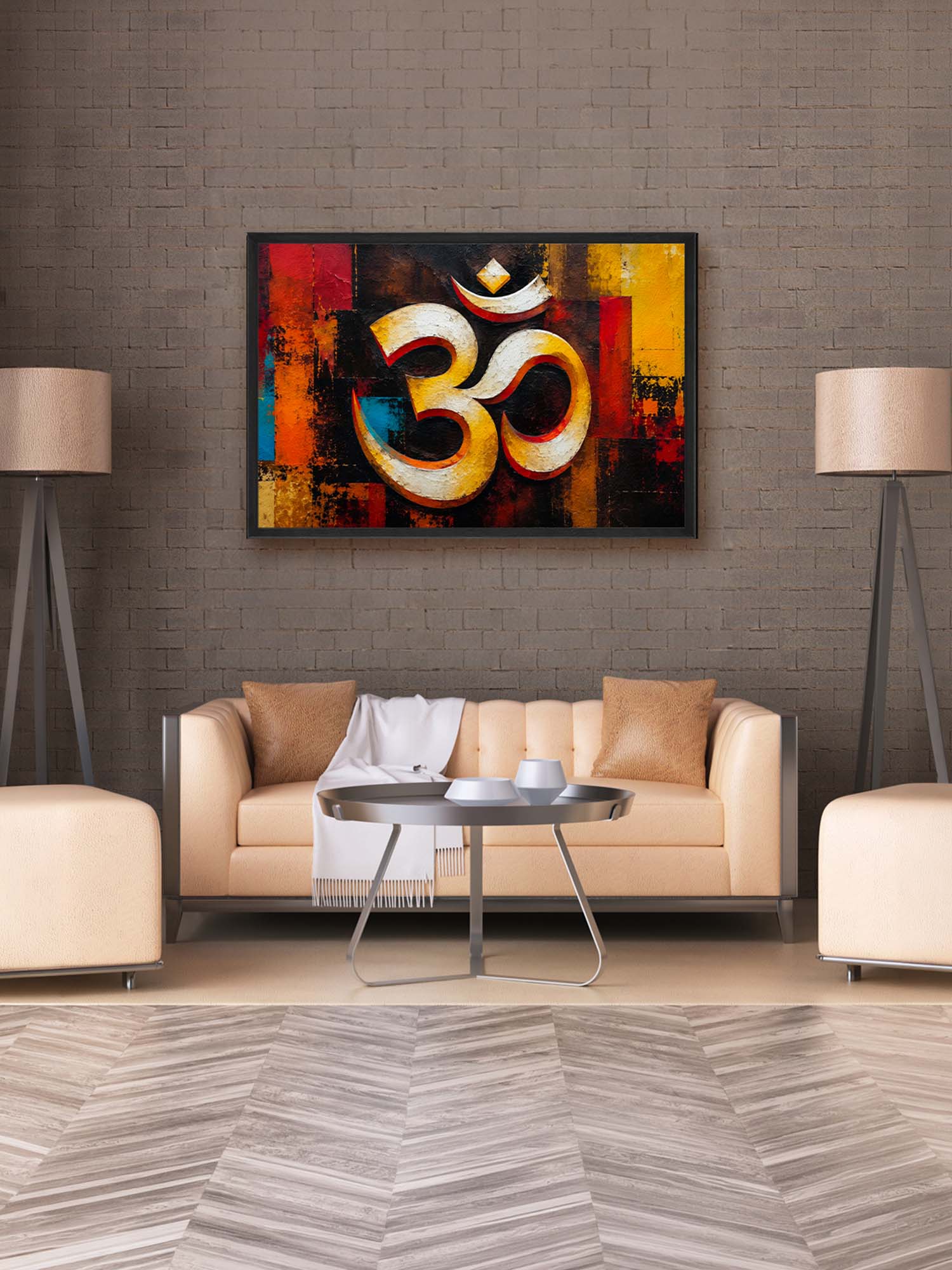 Modern living room with a colourful abstract painting of an Om symbol on the wall.