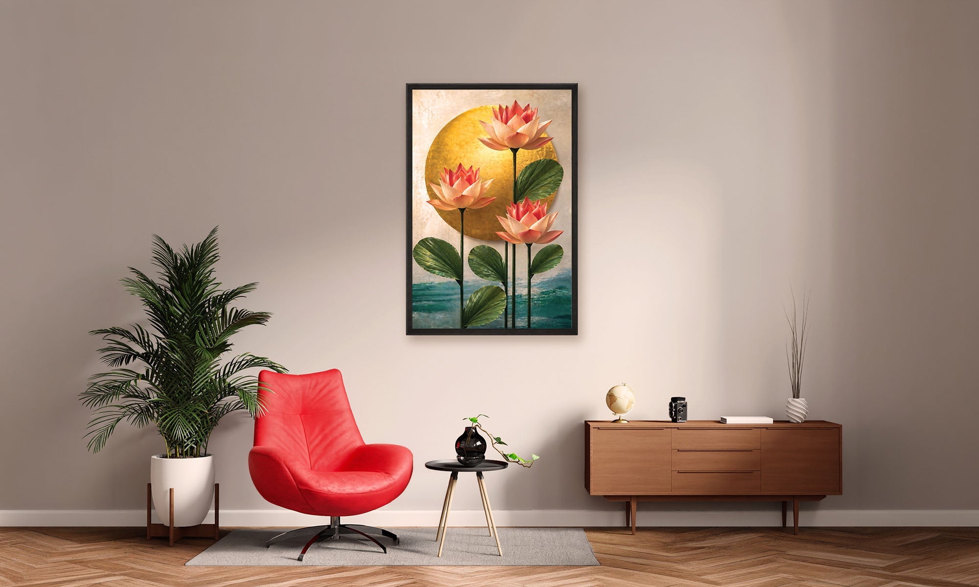 Modern living room with a red chair, plant, and lotus wall art.