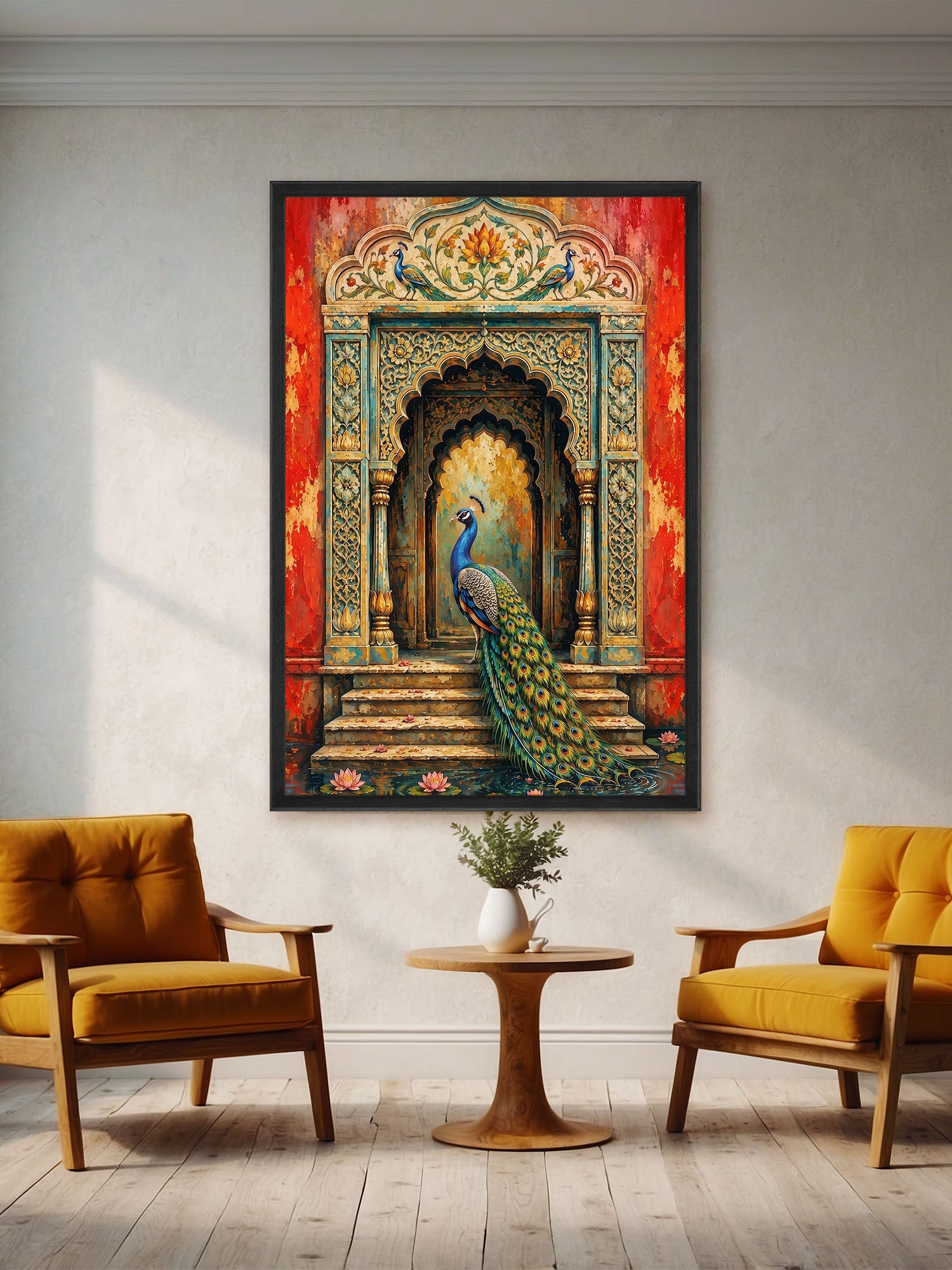 A framed wall art print depicting a peacock in front of an ornate golden archway on a red background, displayed in a modern living room setting above two mustard yellow armchairs and a small wooden side table.