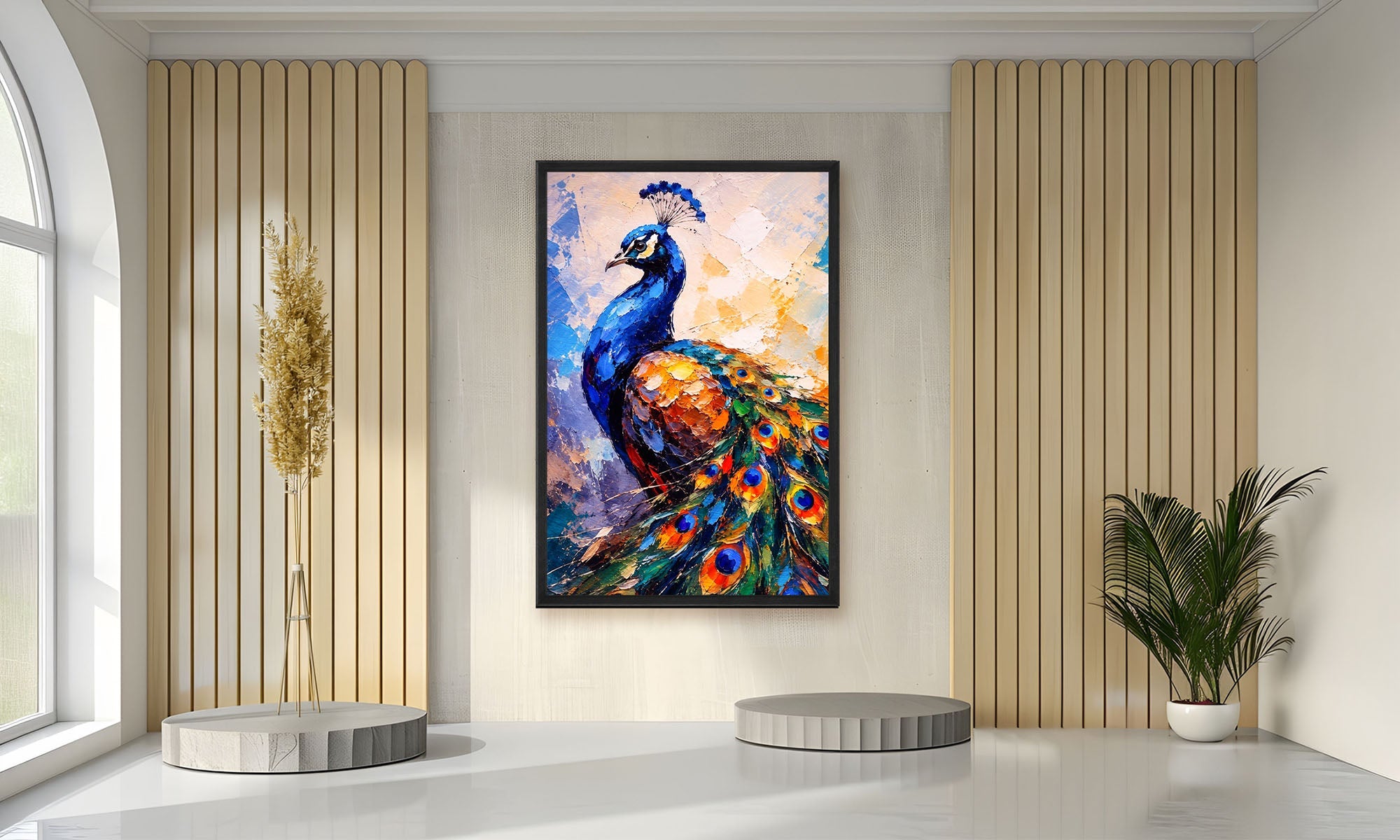 Colorful peacock painting on a wall in a modern interior setting with striped curtains and a plant.