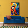 Living room with a blue sofa, colourful parrot /macaw painting, and plant on a yellow wall.