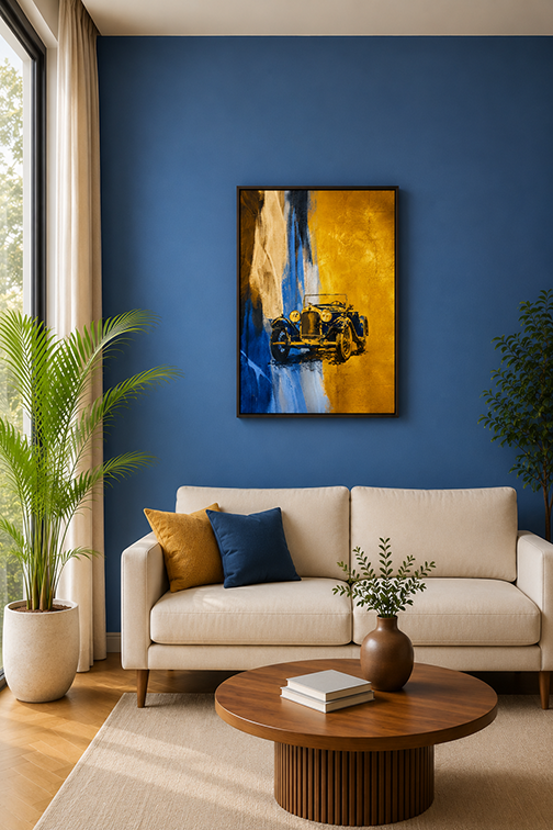 A framedGold canvas wall art print featuring a vintage car, displayed on a blue wall above a cream-colorued sofa in a modern living room setting.