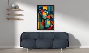 Modern living room with a blue sofa and abstract art on the wall.