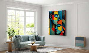 Modern living room with a colourful abstract painting on the wall.
