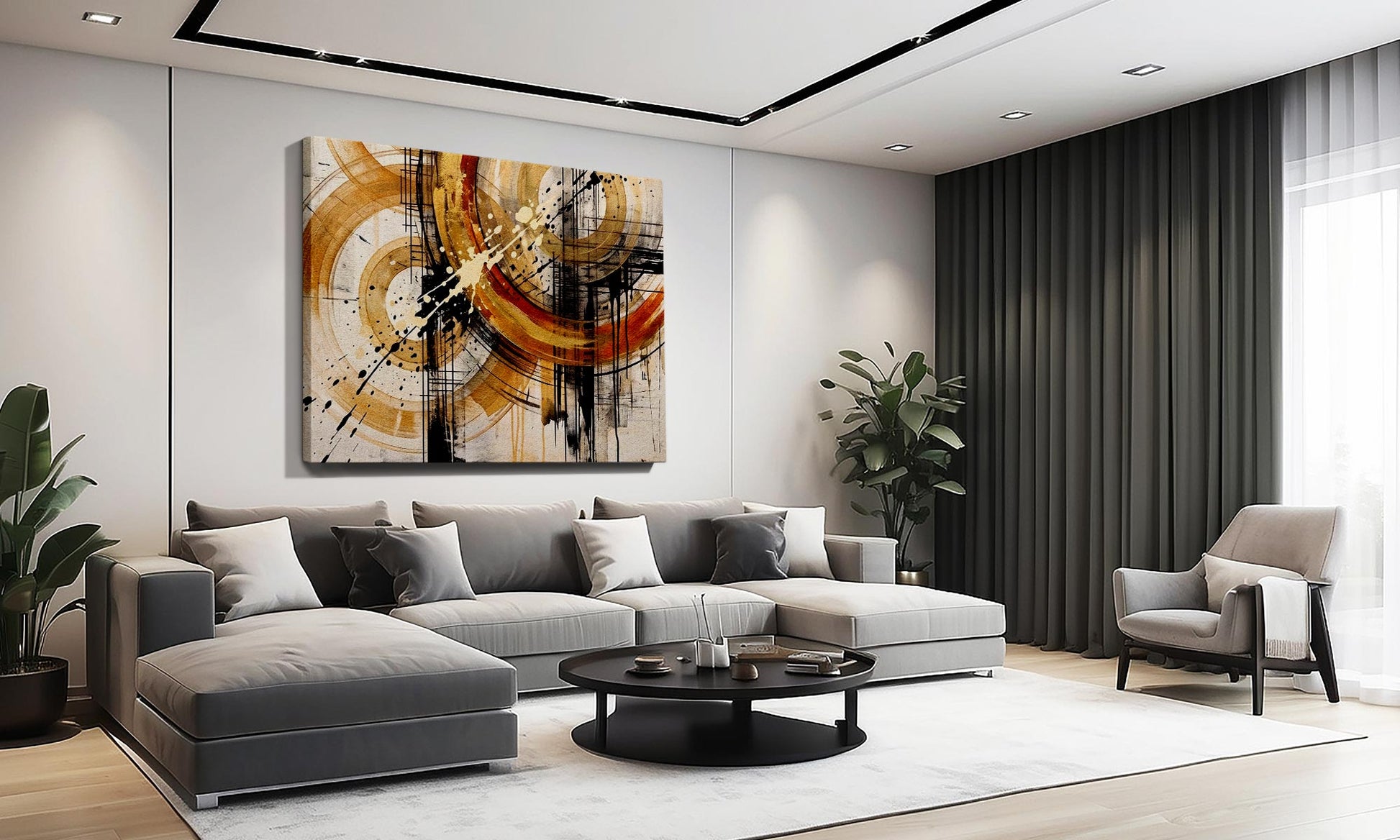 A modern living room featuring a large abstract canvas wall art print with gold, orange, black, and white brushstrokes, hung above a gray sectional sofa.