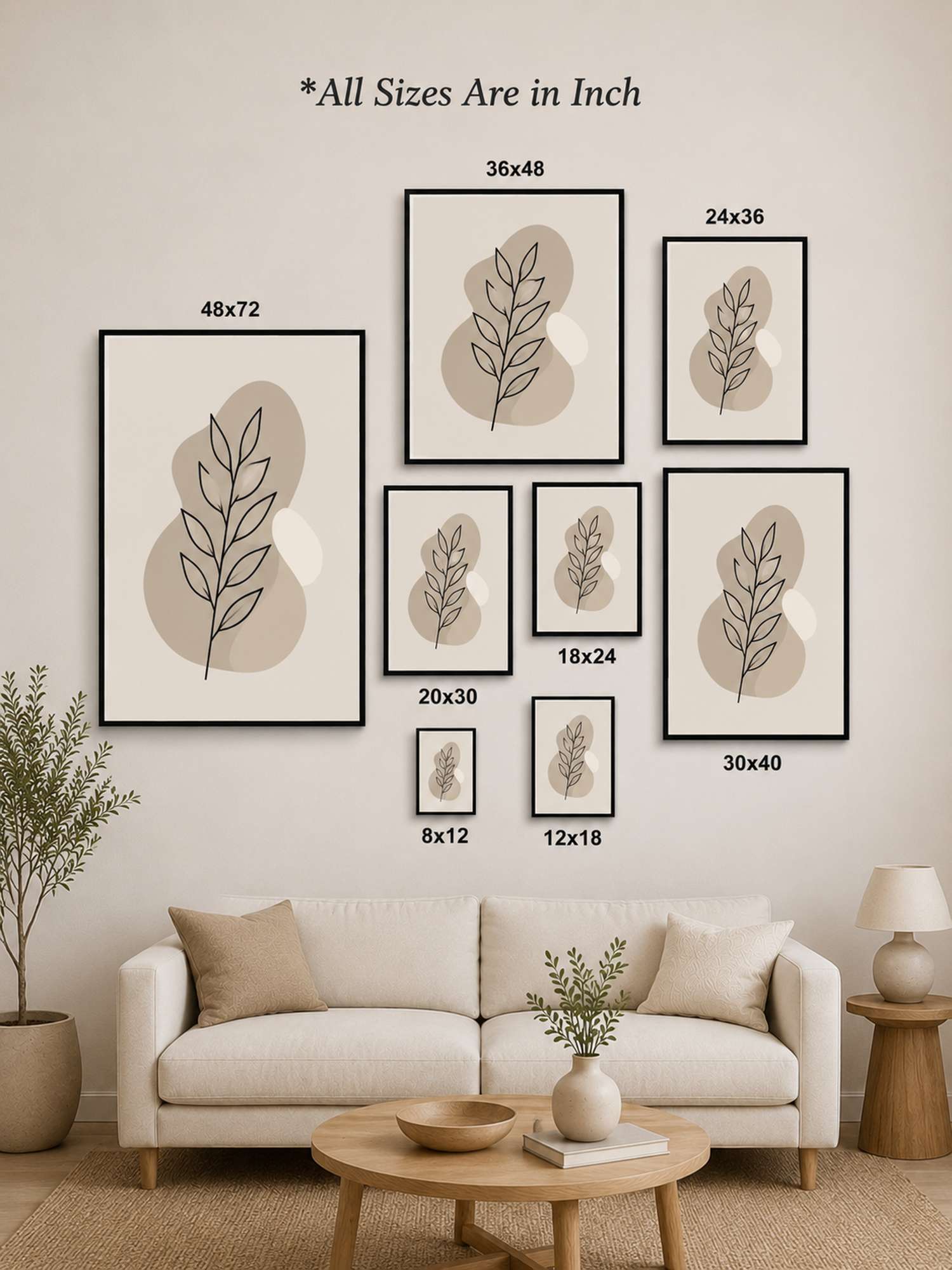 A staged living room wall display showing multiple framed botanical art prints in different sizes above a cream sofa. The prints feature minimalist line drawings of leaves and stems on warm beige and taupe shapes, each with its dimensions labeled.