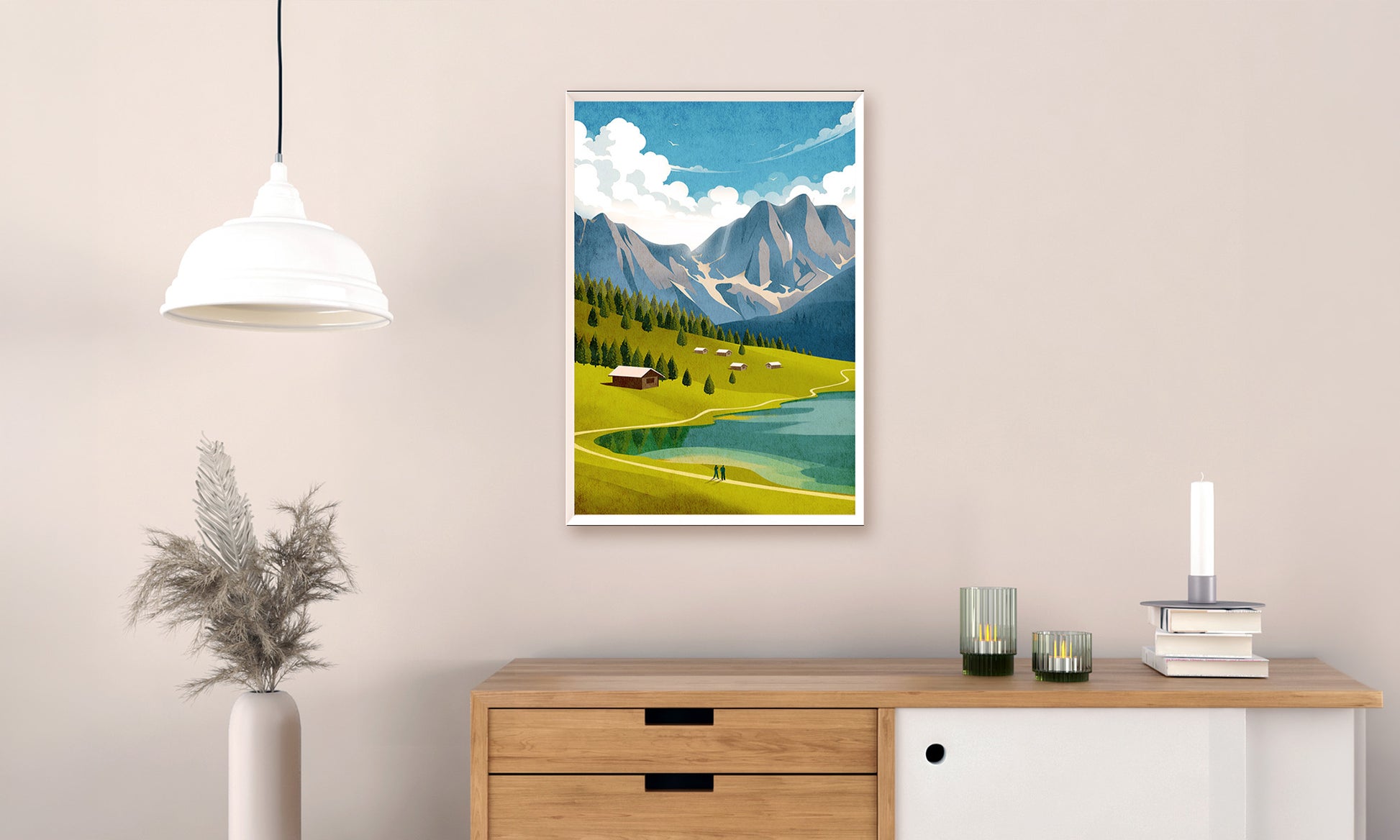 Framed artwork of a mountain landscape hanging on a wall above a wooden console table.
