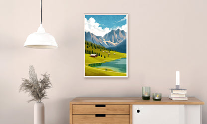 Framed artwork of a mountain landscape hanging on a wall above a wooden console table.