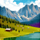 Mountain lake canvas wall art featuring alpine peaks, green meadows, countryside cabins, and a scenic lakeside landscape.