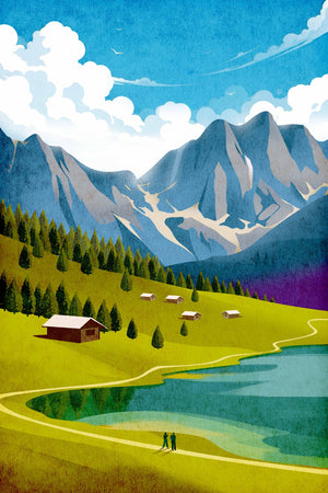 Mountain lake canvas wall art featuring alpine peaks, green meadows, countryside cabins, and a scenic lakeside landscape.