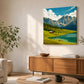 Living room with a wooden cabinet, sofa, and decorative painting of a mountain landscape.