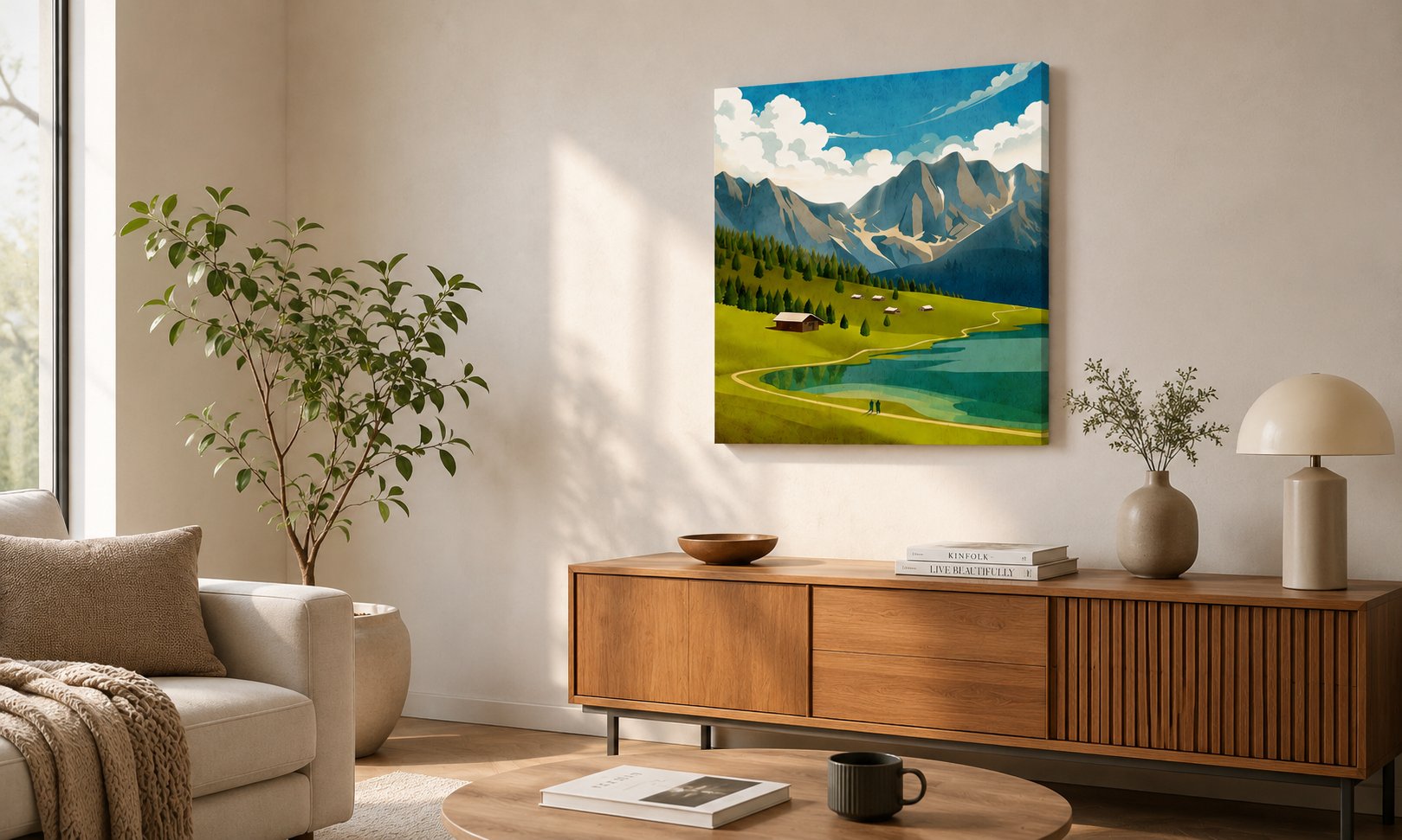 Living room with a wooden cabinet, sofa, and decorative painting of a mountain landscape.