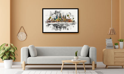 A framed watercolor painting of Angkor Wat and the surrounding temples in Cambodia, displayed on a warm beige wall above a modern light gray sofa in a styled living room.