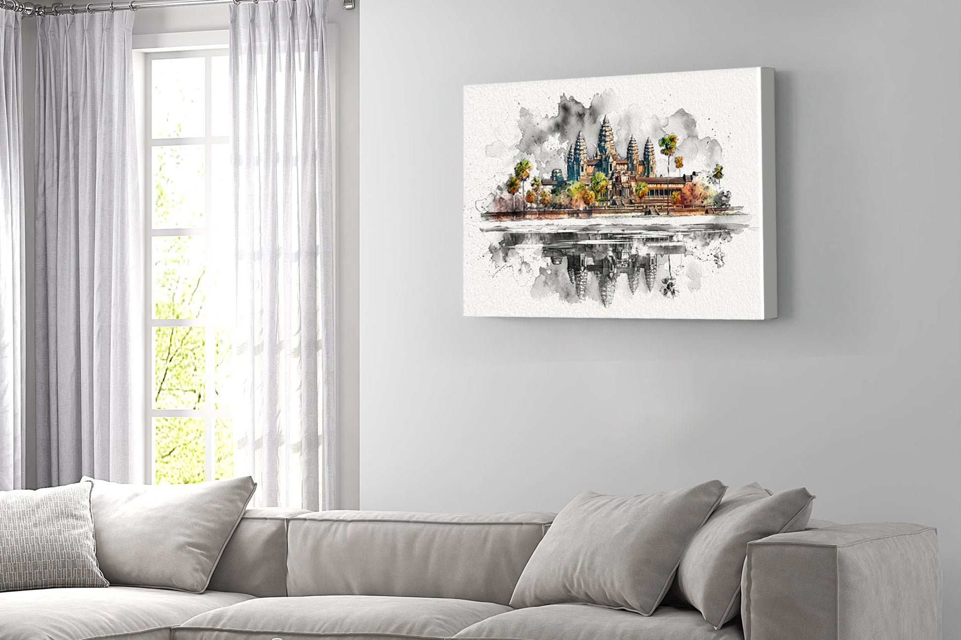 A rectangular canvas wall art print featuring a colorful watercolor-style city skyline with a reflection effect, displayed on a light gray wall above a modern light gray sofa in a living room setting.
