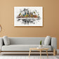 A framed watercolor art print of Angkor Wat, Cambodia, displayed on a warm beige wall above a modern light gray sofa in a styled living room setting.