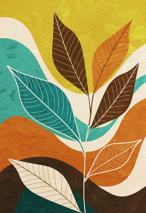 Abstract botanical canvas wall art featuring stylised leaves, flowing organic shapes, and warm earth-tone colours including mustard yellow, terracotta, teal, and brown.