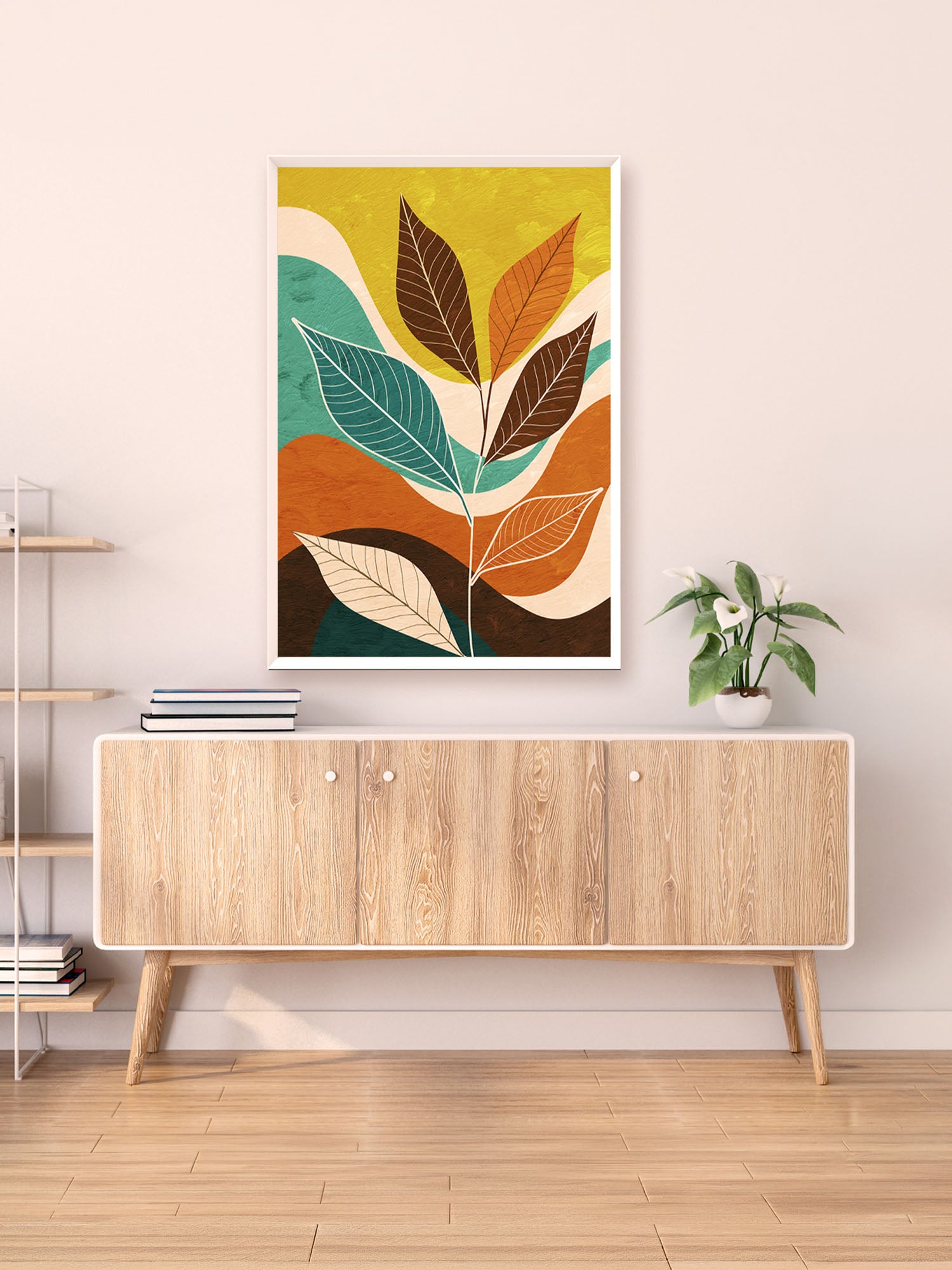 Colorful abstract leaf art on a wall above a wooden cabinet.