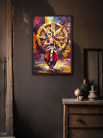 A framed colorful painting of a dancer in front of a wheel, displayed on a dark wall above a wooden cabinet with decorative vases.