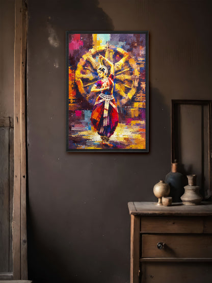 A framed colorful painting of a dancer in front of a wheel, displayed on a dark wall above a wooden cabinet with decorative vases.