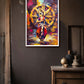 A framed colorful wall art print depicting a dancer in front of a large wheel, displayed on a dark wall above a wooden cabinet with decorative vases.