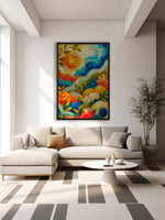 Blooming Waves contemporary botanical abstract canvas wall art featuring vibrant flowers, foliage and flowing blue, turquoise, orange and yellow forms