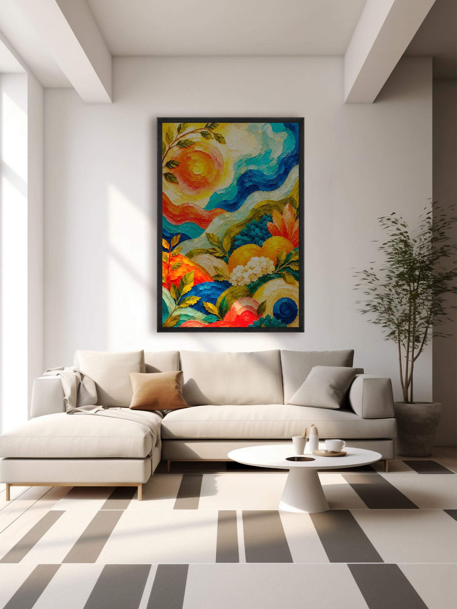 Blooming Waves contemporary botanical abstract canvas wall art featuring vibrant flowers, foliage and flowing blue, turquoise, orange and yellow forms