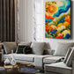 Blooming Waves contemporary botanical abstract canvas wall art featuring vibrant flowers, foliage and flowing blue, turquoise, orange and yellow forms