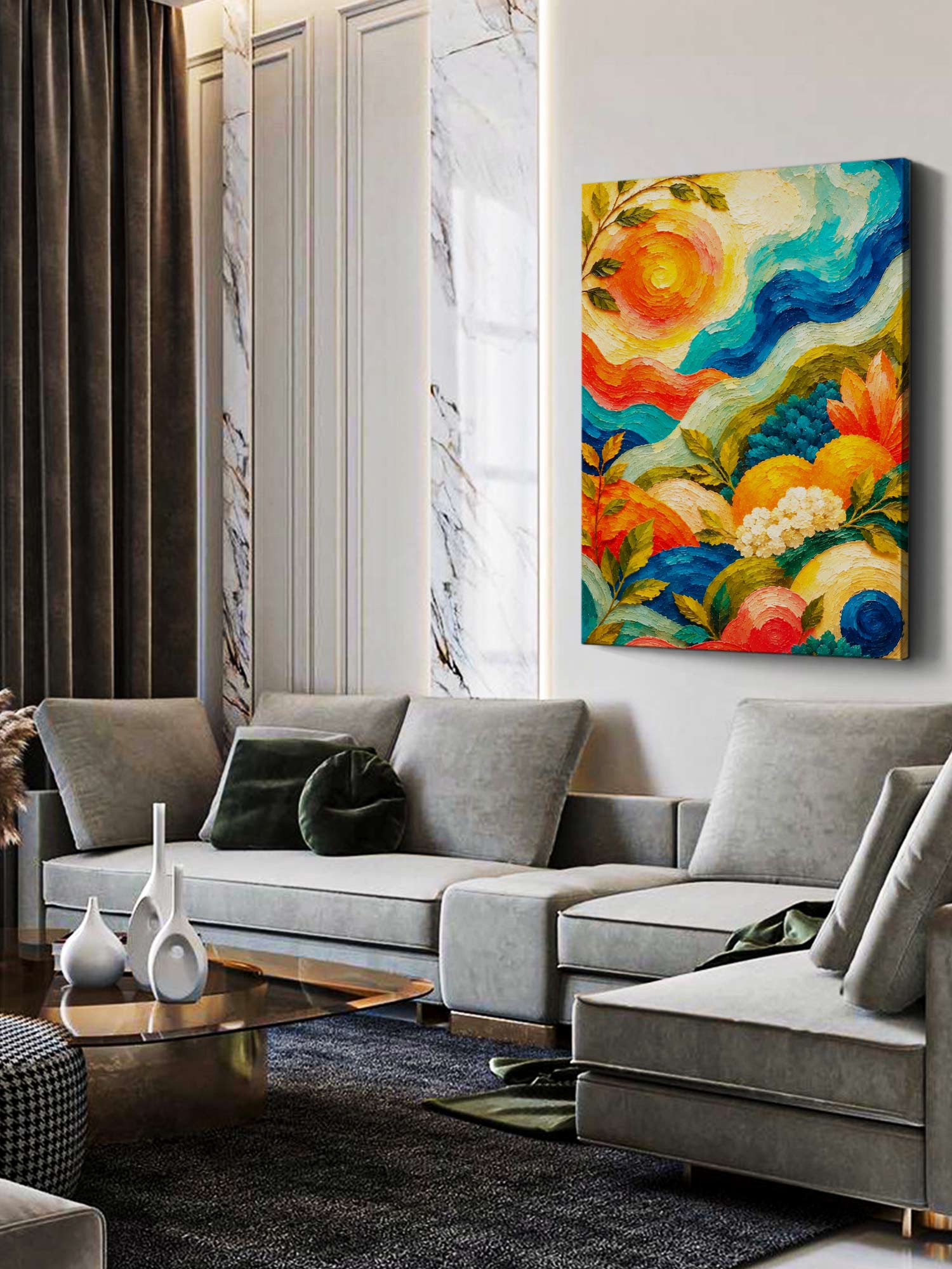 Blooming Waves contemporary botanical abstract canvas wall art featuring vibrant flowers, foliage and flowing blue, turquoise, orange and yellow forms
