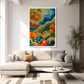 Blooming Waves contemporary botanical abstract canvas wall art featuring vibrant flowers, foliage and flowing blue, turquoise, orange and yellow forms