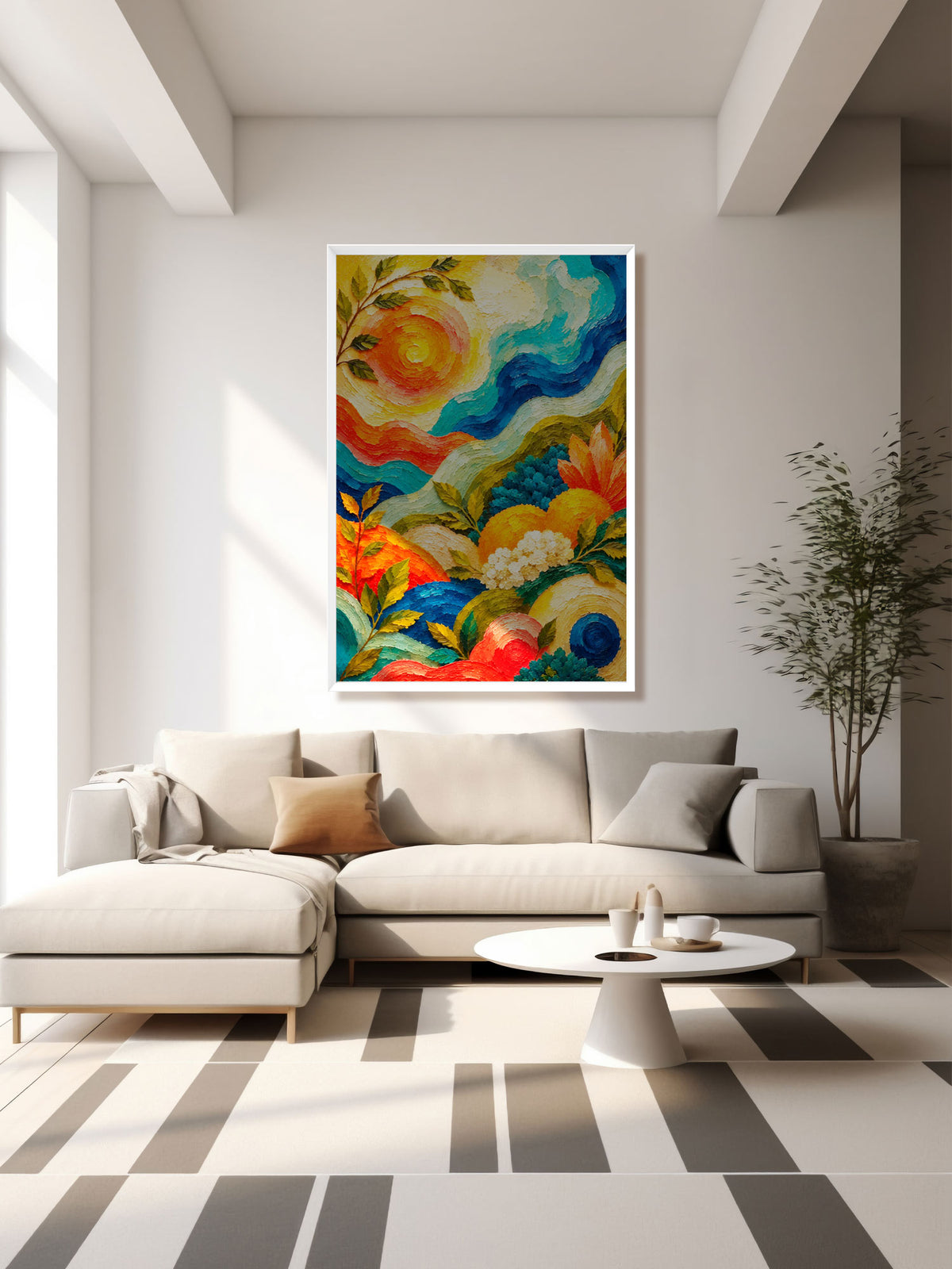 Blooming Waves contemporary botanical abstract canvas wall art featuring vibrant flowers, foliage and flowing blue, turquoise, orange and yellow forms
