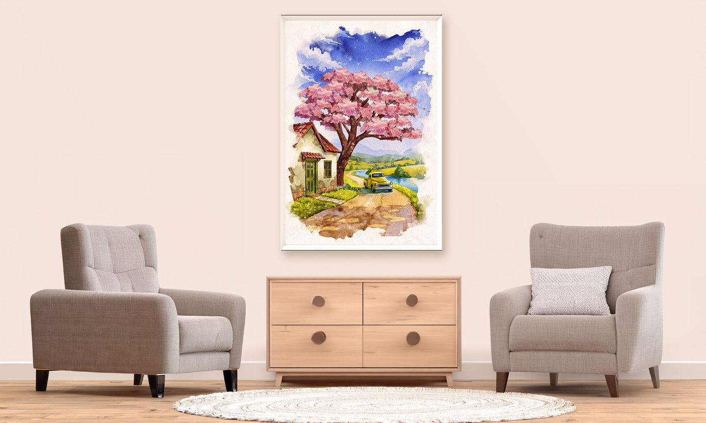 Living room with two gray armchairs and a wooden cabinet, featuring a painting of a cherry blossom tree on the wall.