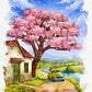 Cherry blossom canvas wall art featuring a blooming pink tree, countryside cottage, winding river, and vintage truck in a watercolour landscape.