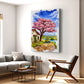 Living room with a painting of a cherry blossom tree on the wall