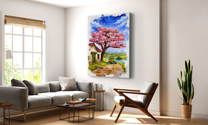 Living room with a painting of a cherry blossom tree on the wall