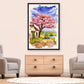 Living room with two gray armchairs and a wooden cabinet, featuring a framed artwork of a cherry blossom tree.