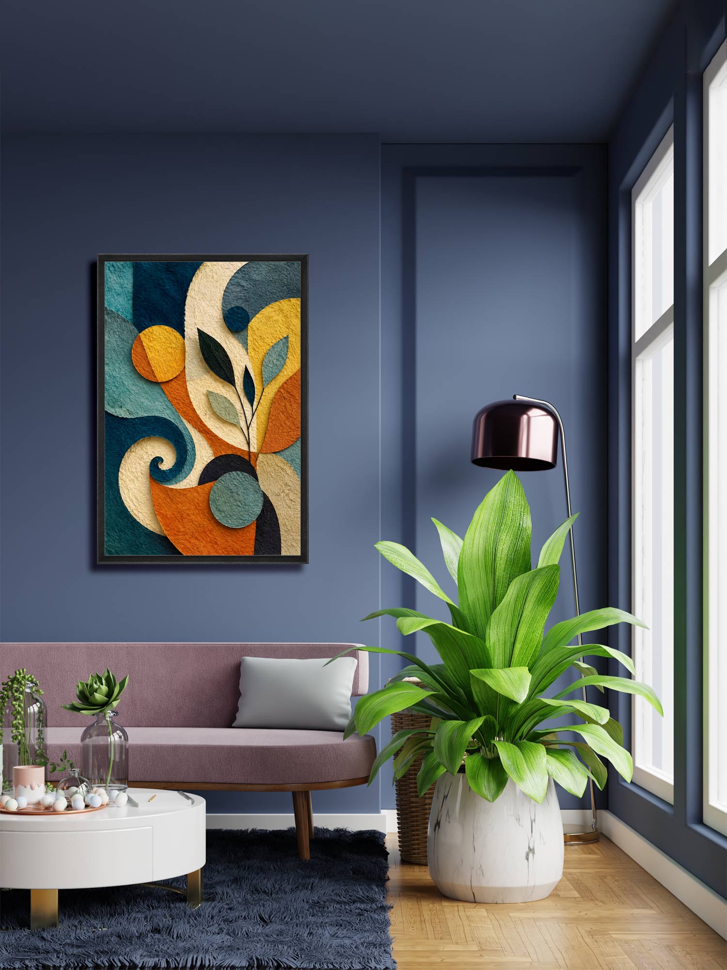 Botanical Flow contemporary botanical abstract canvas wall art featuring flowing curves, leaves and geometric forms in teal, navy, ochre and rust