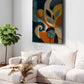 Botanical Flow contemporary botanical abstract canvas wall art featuring flowing curves, leaves and geometric forms in teal, navy, ochre and rust