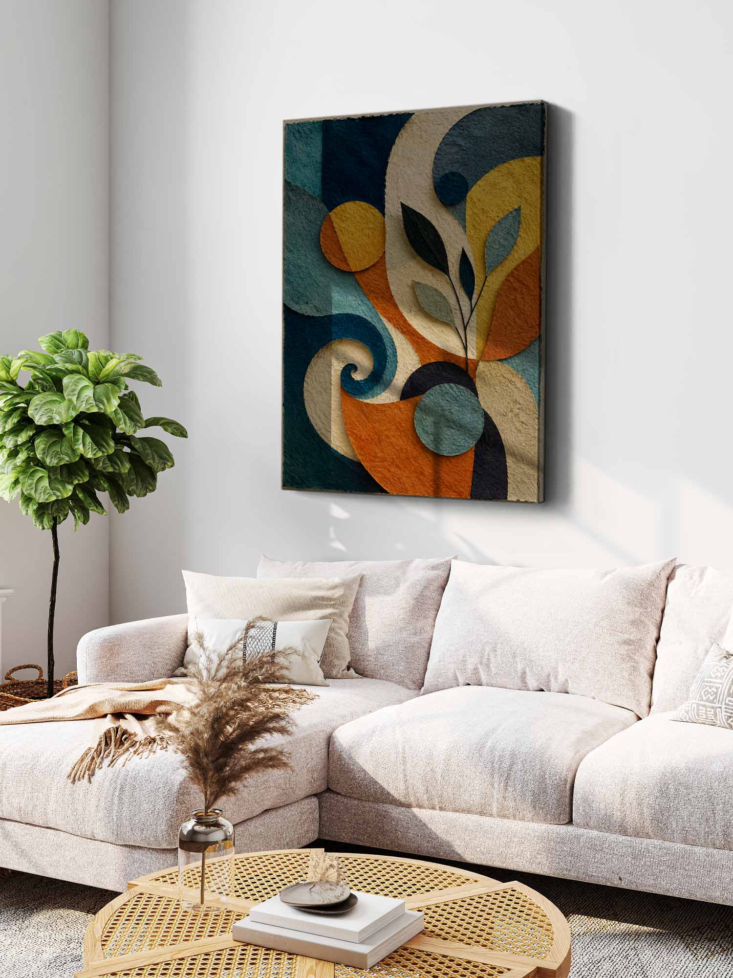Botanical Flow contemporary botanical abstract canvas wall art featuring flowing curves, leaves and geometric forms in teal, navy, ochre and rust