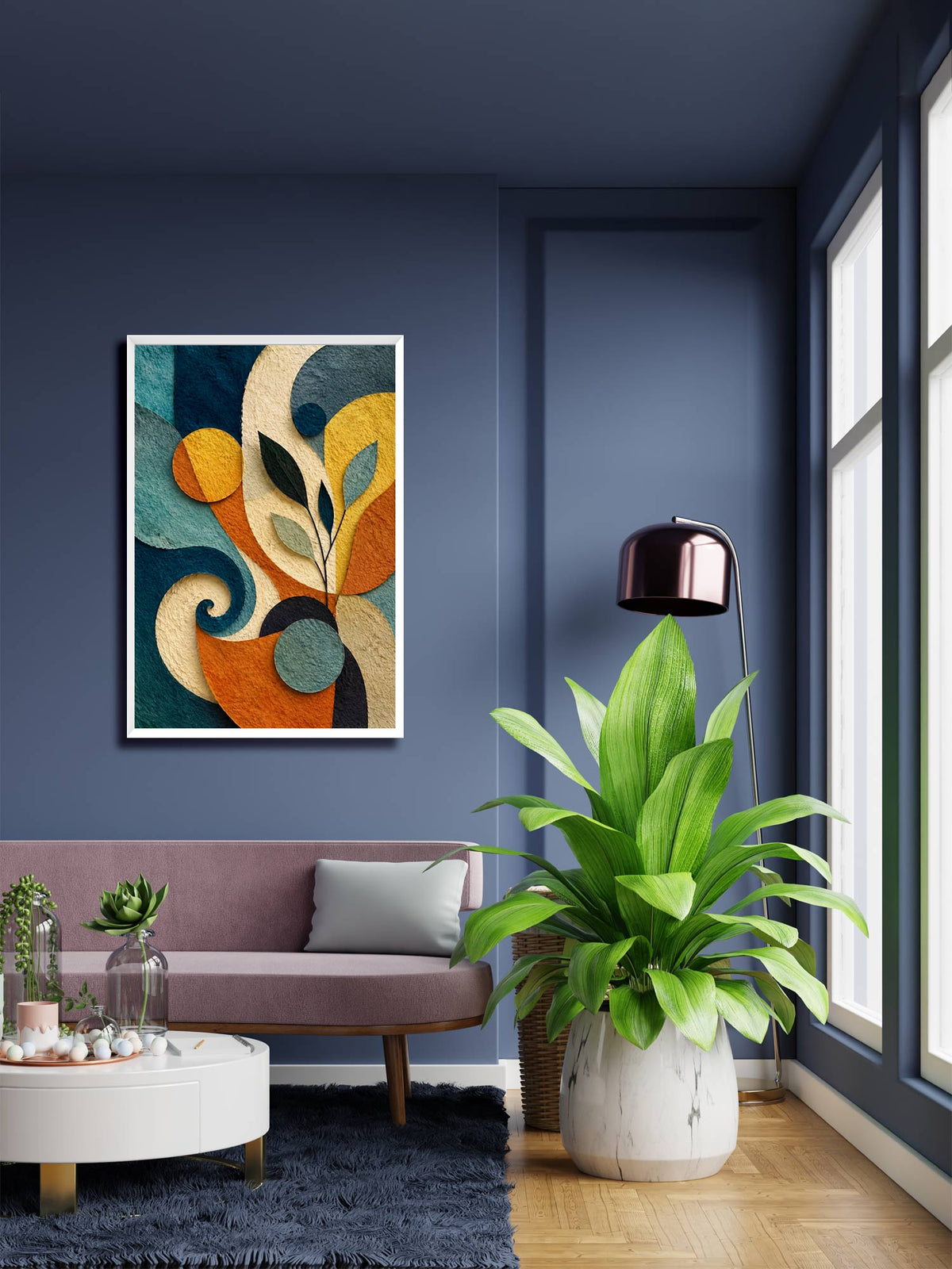 Botanical Flow contemporary botanical abstract canvas wall art featuring flowing curves, leaves and geometric forms in teal, navy, ochre and rust