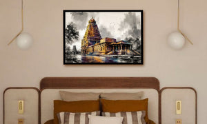 A framed wall art print depicting a golden temple structure in an expressive watercolor style, displayed above a bed in a modern bedroom setting with two wall-mounted pendant lights.