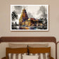 A framed art print depicting a traditional South Indian temple tower, displayed on a beige wall above a bed in a modern bedroom setting.